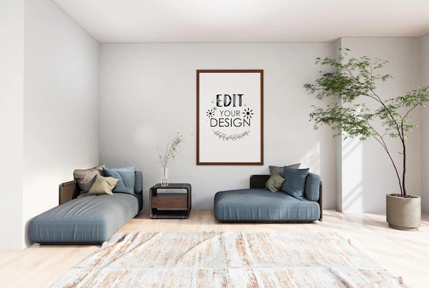 Free PSD | Poster frame in living room psd mockup