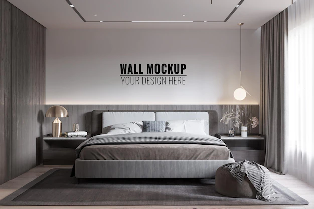 Free PSD | Interior modern bedroom wall mockup