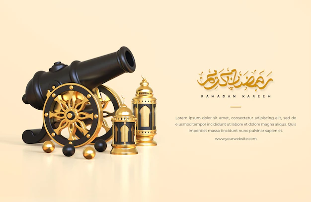 Free PSD | Islamic ramadan greeting background with 3d arabic lanterns and traditional cannon