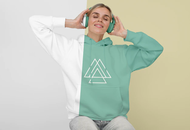 Free PSD | Front view of stylish woman in hoodie with headphones