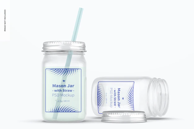 Free PSD | 16 oz mason jars with straw mockup