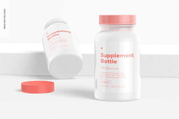Free PSD | 250 cc supplement bottle mockup, standing and leaned