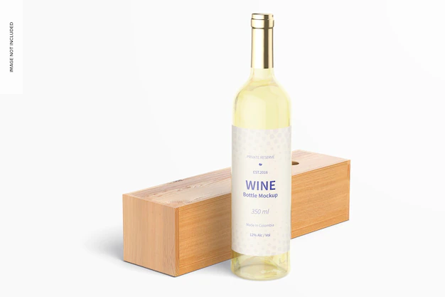 Free PSD | 350ml wine bottle mockup with lying wood box