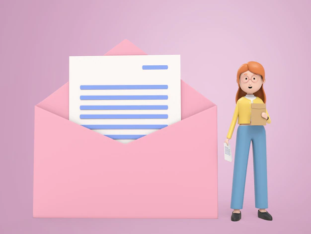 Free PSD | 3d cartoon woman delivering documents by letter