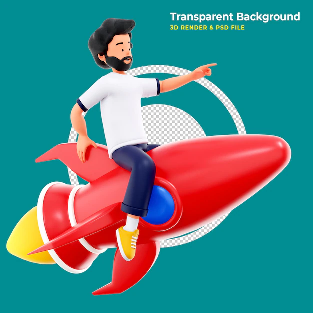 Free PSD | 3d character is flying on a rocket 3d illustration