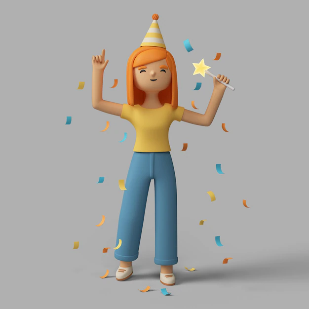 Free PSD | 3d female character celebrating with party hat and confetti