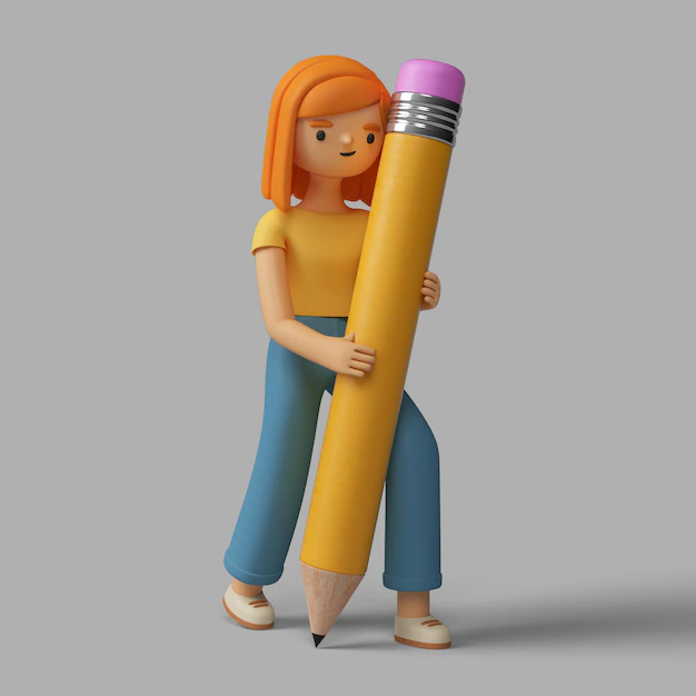 Free PSD | 3d female character holding a pencil