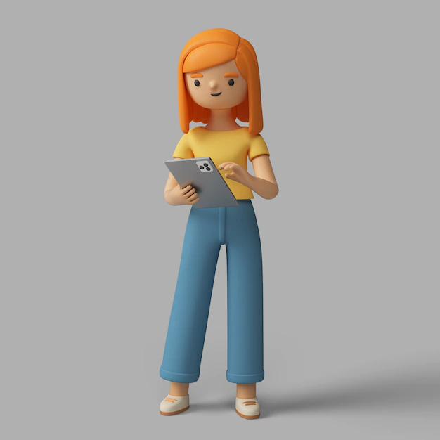 Free PSD | 3d female character holding tablet device