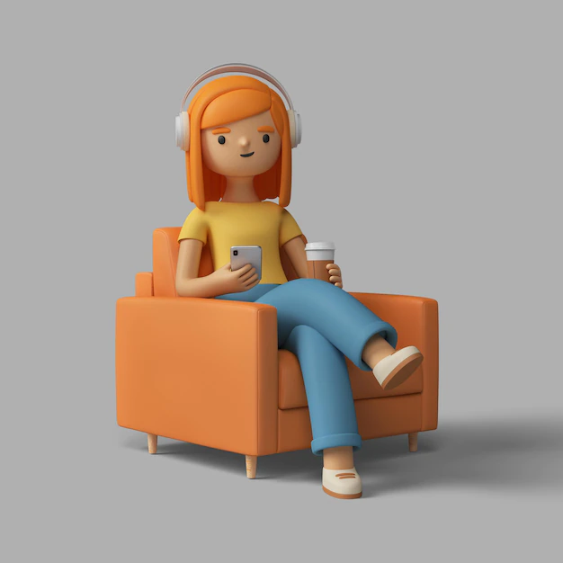 Free PSD | 3d female character sitting in chair with headphones and cup of coffee