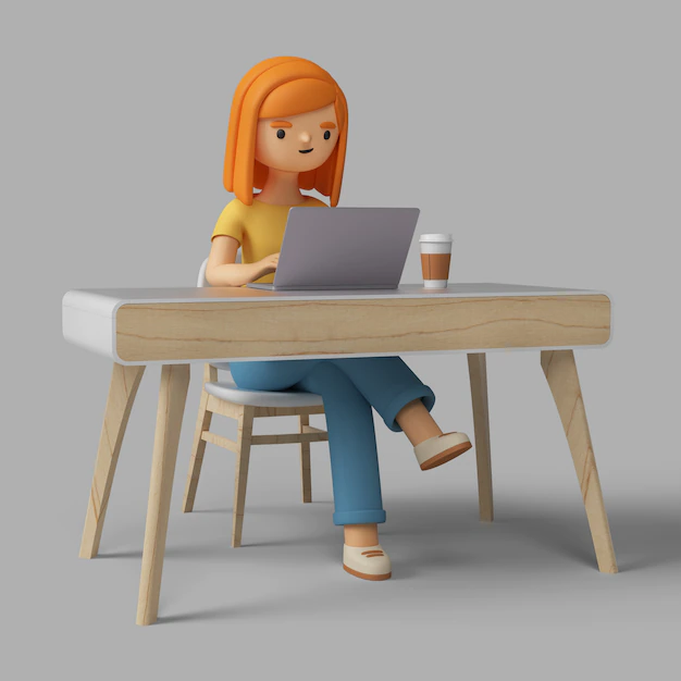 Free PSD | 3d female character working at desk with laptop