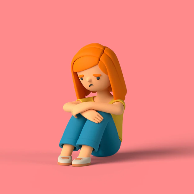 Free PSD | 3d girl character sitting on the floor sad