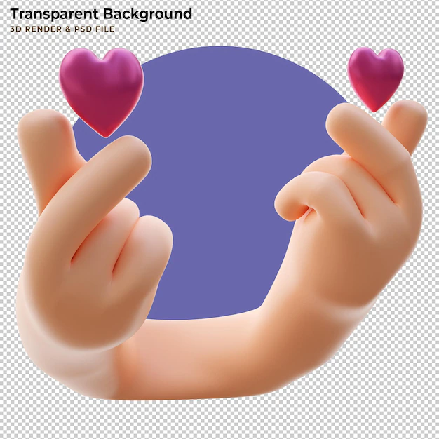 Free PSD | 3d hand making korean heart symbol with a heart floating on top. 3d rendering