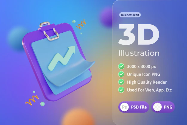 Free PSD | 3d icon business, paper board clip, with statistics