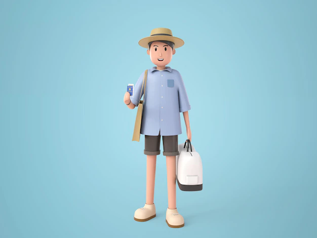 Free PSD | 3d illustration cartoon character young backpacker man wearing sombrero to travel with white bag standing and show passport with smile