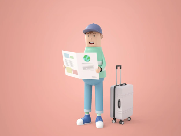 Free PSD | 3d illustration cartoon character young traveller man searching location on map during travel on summer vacation