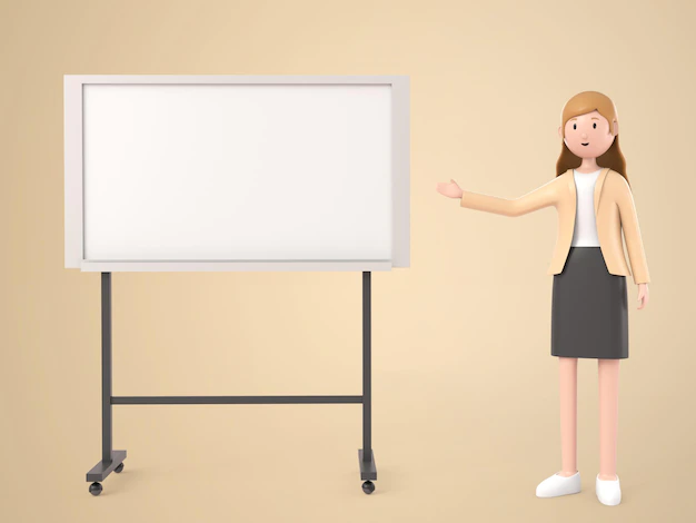 Free PSD | 3d illustration cartoon character young working woman standing and point to white board to present work on white