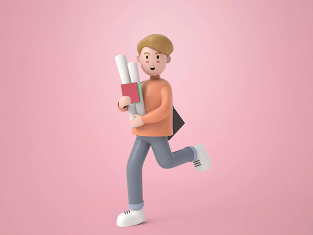 Free PSD | 3d illustration character of happy young architect creator man holding the drawing papers in arms and runing rendering