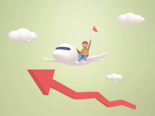 Free PSD | 3d illustration character of young man in glasses sitting on aeroplane holding red flag in hand above red up arrow on the sky startup business successful concept rendering