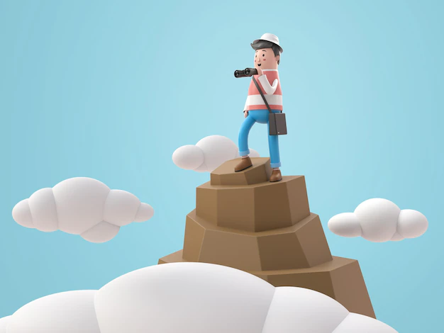 Free PSD | 3d illustration man with binoculars on top of cloud-topped mountain