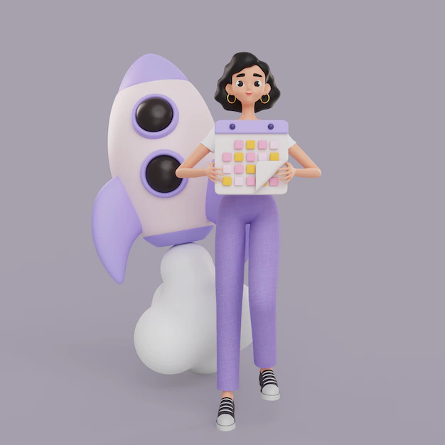 Free PSD | 3d illustration of female graphic designer character holding calendar with rocket