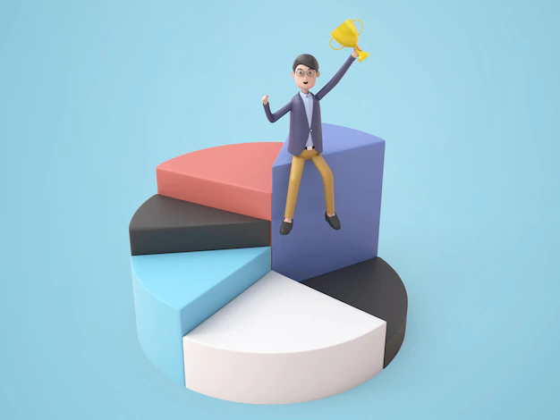 Free PSD | 3d illustration young businessman sits holding trophy on hight of pie chart.
