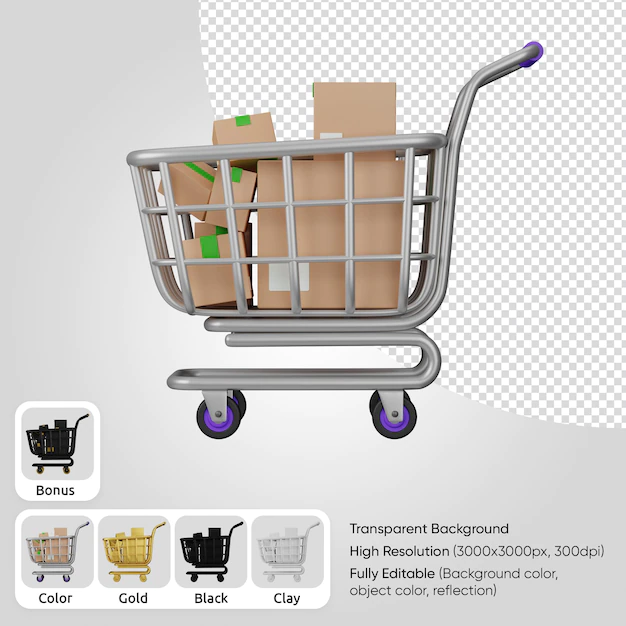 Free PSD | 3d shopping cart with cartboard boxes front
