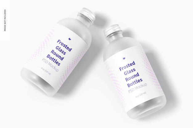 Free PSD | 8 oz frosted glass round bottles mockup, top view