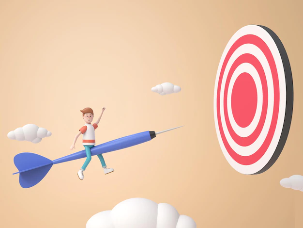 Free PSD | A 3d male cartoon character sitting on a dart that hits the target.