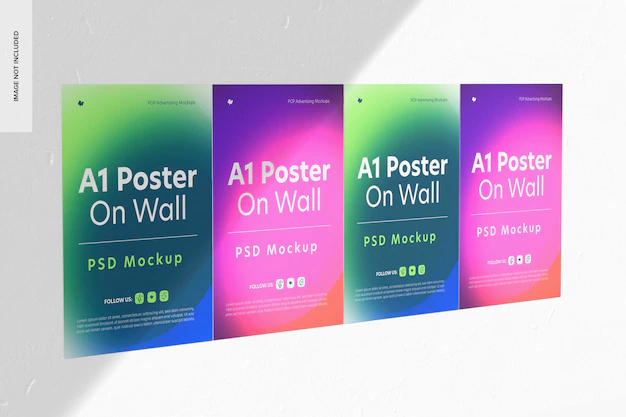 Free PSD | A1 posters on wall mockup, left view