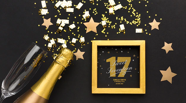 Free PSD | Above view confetti with golden frame