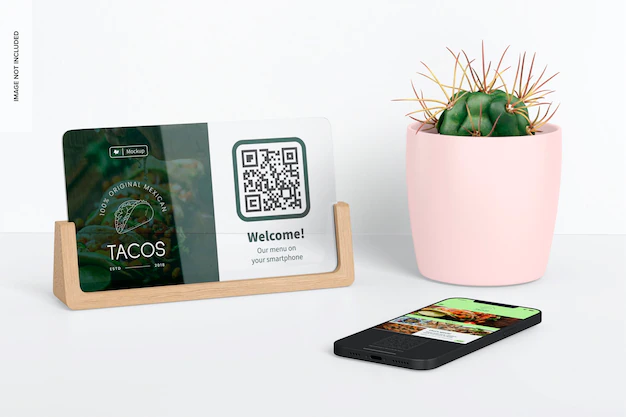 Free PSD | Acrylic qr menu with plant pot mockup