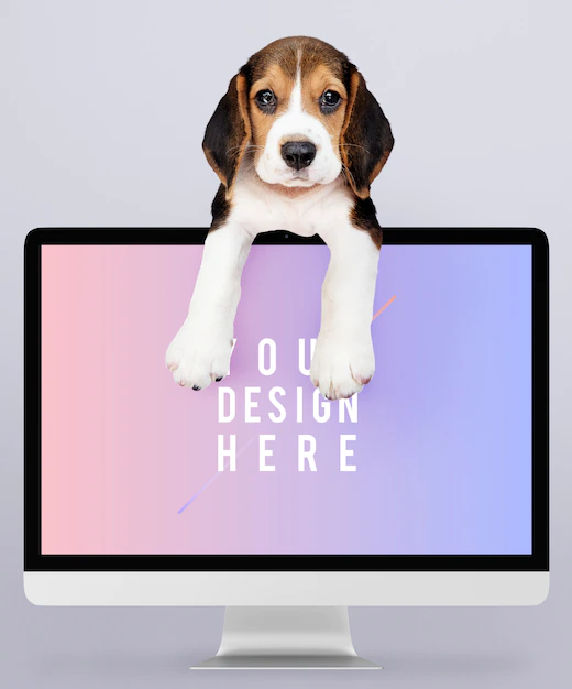 Free PSD | Adorable beagle puppy with a computer monitor mockup