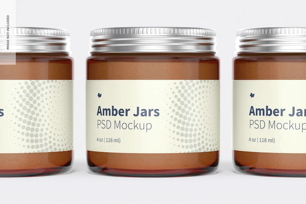 Free PSD | Amber jars with metallic cap mockup, close up