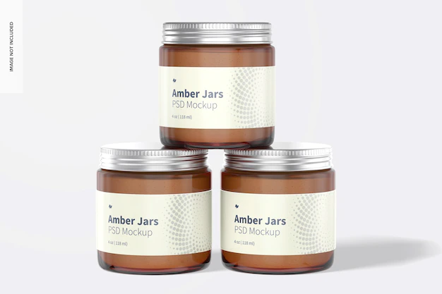 Free PSD | Amber jars with metallic cap mockup, front view