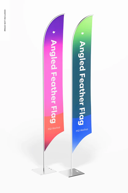 Free PSD | Angled feather flags mockup, right view