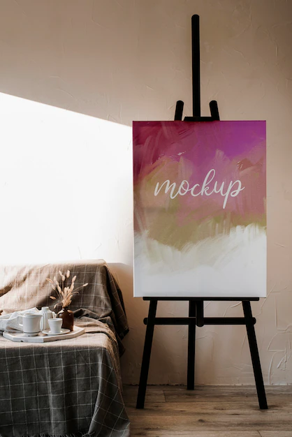 Free PSD | Arrangement with mock-up canvas indoors
