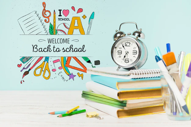 Free PSD | Arrangement with school books and clock