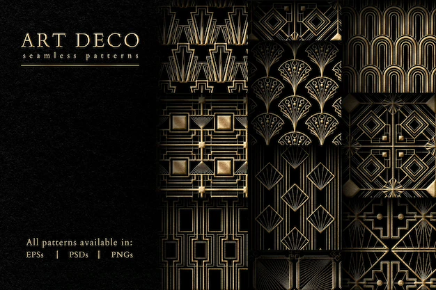 Free PSD | Art deco psd set seamless patterns on dark background