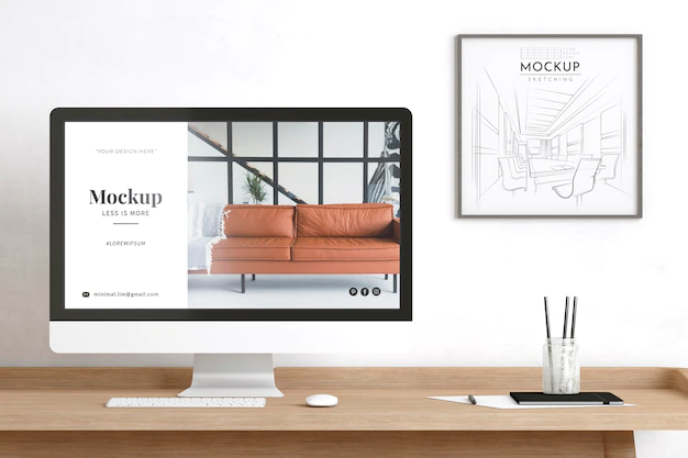 Free PSD | Artist room decorated with website and sketching mockup