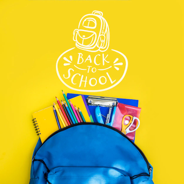 Free PSD | Back to school, backpack with student supplies