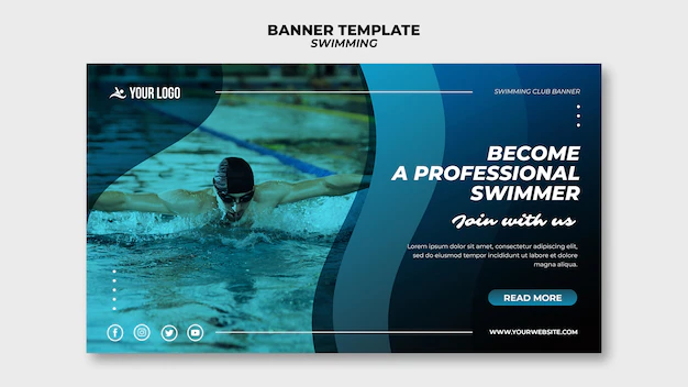 Free PSD | Banner template for swimming lessons with man in the pool