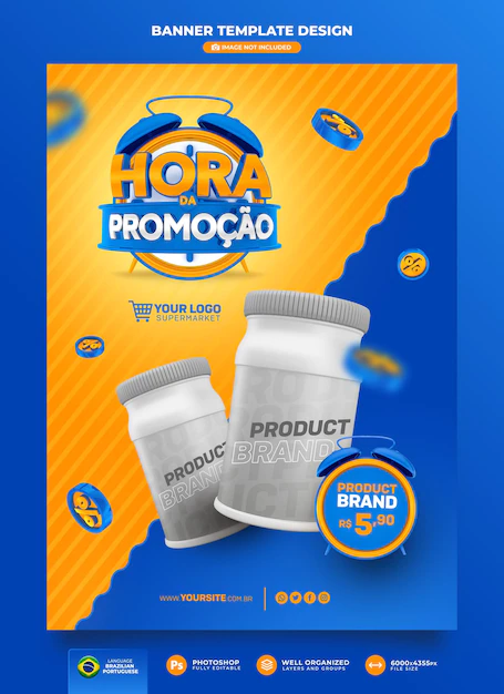 Free PSD | Banner time for promotion in brazil 3d render in brazil template design in portuguese