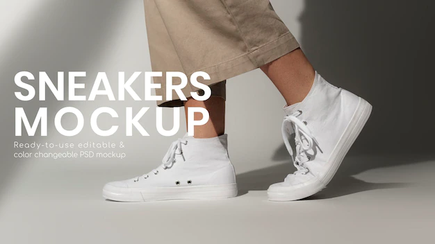 Free PSD | Basic white sneakers psd mockup unisex streetwear fashion shoes