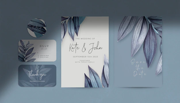 Free PSD | Beautiful wedding invitation stationery set decorated with leaves