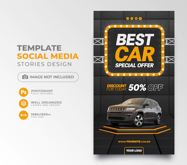 Free PSD | Best car special offer post social media discount for today 50 off in black and orange background
