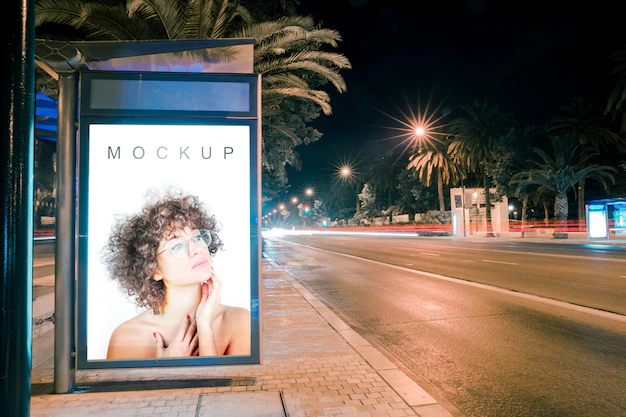 Free PSD | Billboard mockup at bus stop at night