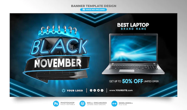 Free PSD | Black friday banner in realistic 3d render for marketing composition black november