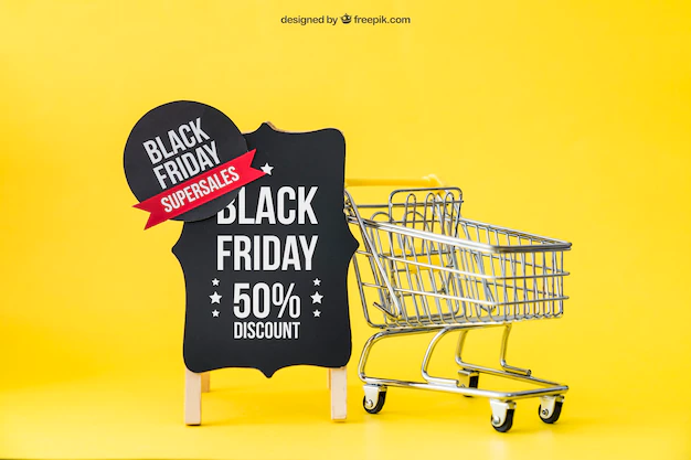 Free PSD | Black friday mockup with label and shopping cart