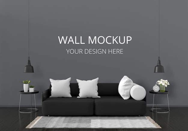 Free PSD | Black sofa in living room with wall mockup