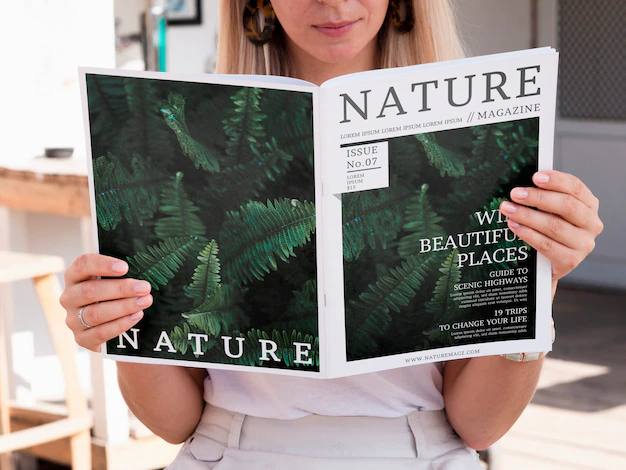 Free PSD | Blonde woman looking into a nature magazine mock up